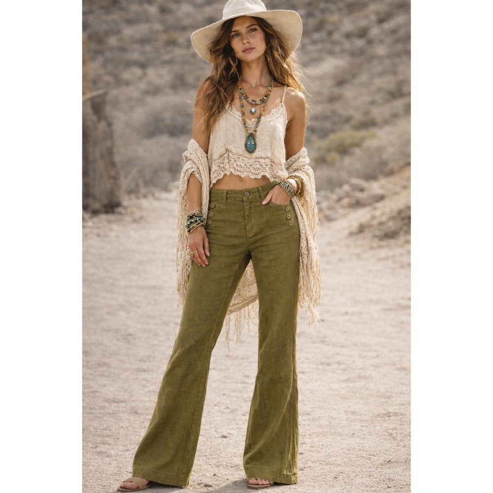 Cabi Linen Blend Sailor Flare Leg Trousers Size 2 Olive Green Beachy Vacay Chic - Picture 2 of 13
